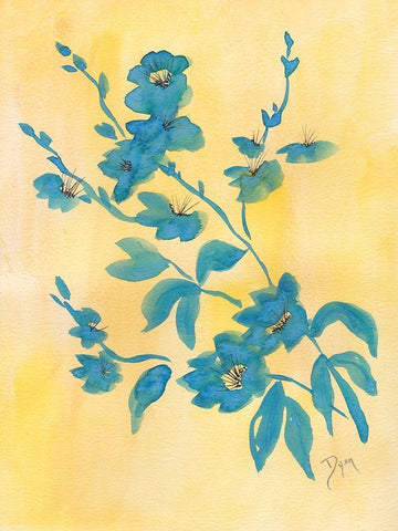 Floral Blue Yellow Black Ornate Wood Framed Art Print with Double Matting by Dyer, Beverly