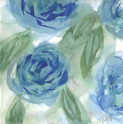 Blue Green Roses I White Modern Wood Framed Art Print with Double Matting by Dyer, Beverly