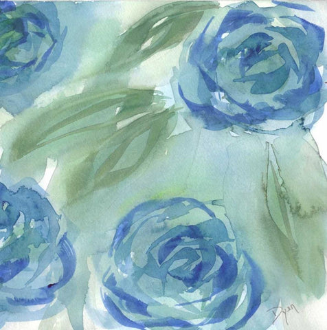 Blue Green Roses II White Modern Wood Framed Art Print with Double Matting by Dyer, Beverly