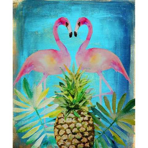 Pineapple Flamingos White Modern Wood Framed Art Print by Boho Hue Studio