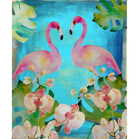 Orchid Flamingos Black Modern Wood Framed Art Print with Double Matting by Boho Hue Studio