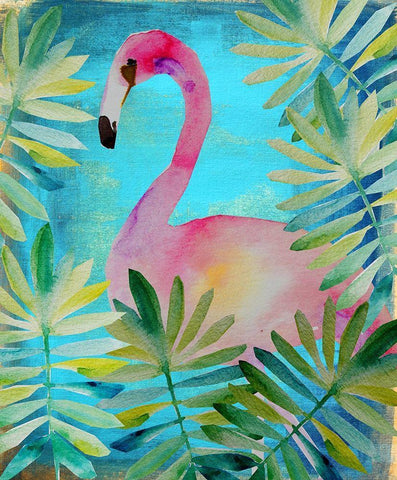 Palm Flamingo 2 White Modern Wood Framed Art Print with Double Matting by Boho Hue Studio