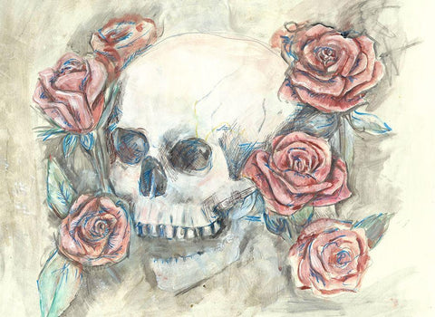 Skull and Roses Black Ornate Wood Framed Art Print with Double Matting by Bassani, Justine