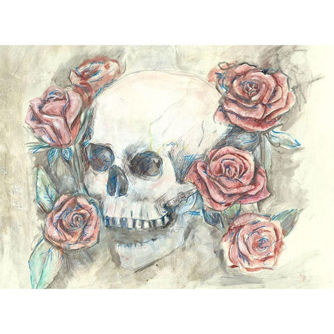 Skull and Roses Black Modern Wood Framed Art Print with Double Matting by Bassani, Justine