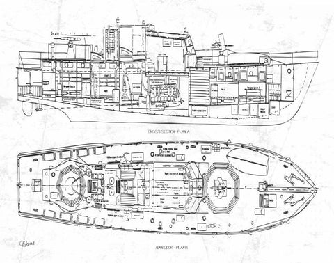 Boat Blueprint 1 wht White Modern Wood Framed Art Print with Double Matting by Stevens, Carole