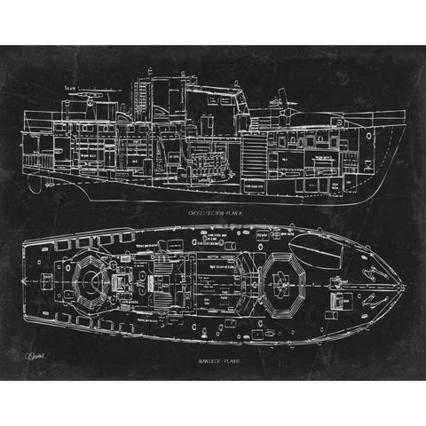 Boat Blueprint 1 blk Black Modern Wood Framed Art Print with Double Matting by Stevens, Carole