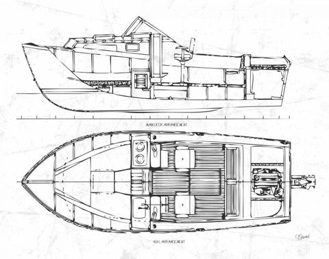 Boat Blueprint 2 wht White Modern Wood Framed Art Print with Double Matting by Stevens, Carole