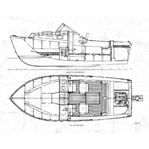 Boat Blueprint 2 wht White Modern Wood Framed Art Print by Stevens, Carole