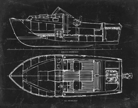 Boat Blueprint 2 blk Black Ornate Wood Framed Art Print with Double Matting by Stevens, Carole