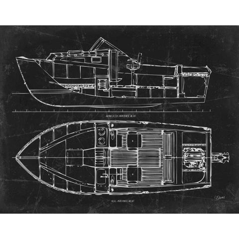 Boat Blueprint 2 blk White Modern Wood Framed Art Print by Stevens, Carole