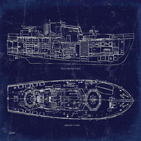 Boat Blueprint 1 White Modern Wood Framed Art Print by Stevens, Carole