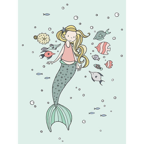 Mermaid And Fish Buddies White Modern Wood Framed Art Print by Sweet Melody Designs
