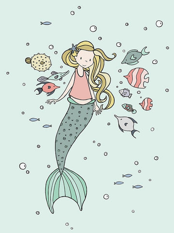 Mermaid And Fish Buddies Black Ornate Wood Framed Art Print with Double Matting by Sweet Melody Designs