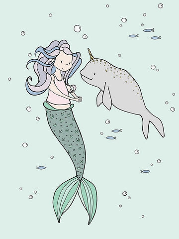 Mermaid And Narwhal Buddies White Modern Wood Framed Art Print with Double Matting by Sweet Melody Designs
