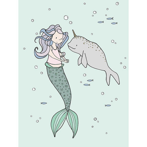 Mermaid And Narwhal Buddies White Modern Wood Framed Art Print by Sweet Melody Designs