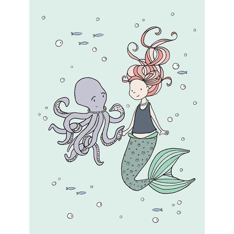 Mermaid And Octopus Buddies Black Modern Wood Framed Art Print with Double Matting by Sweet Melody Designs