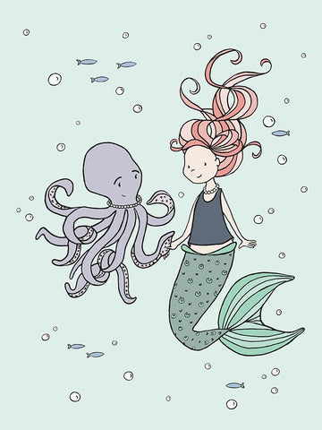 Mermaid And Octopus Buddies White Modern Wood Framed Art Print with Double Matting by Sweet Melody Designs