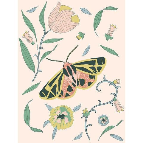 Botanical Tiger Moth Black Modern Wood Framed Art Print with Double Matting by Sweet Melody Designs