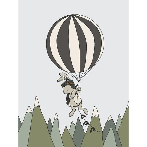 Bunny Balloon Adventure Black Modern Wood Framed Art Print by Sweet Melody Designs