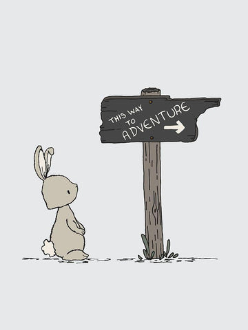Bunny This Way To Adventure White Modern Wood Framed Art Print with Double Matting by Sweet Melody Designs