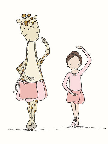Girl And Giraffe Ballerina White Modern Wood Framed Art Print with Double Matting by Sweet Melody Designs