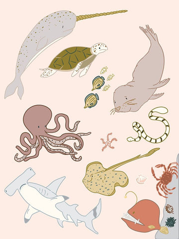 Sea Creatures White Modern Wood Framed Art Print with Double Matting by Sweet Melody Designs