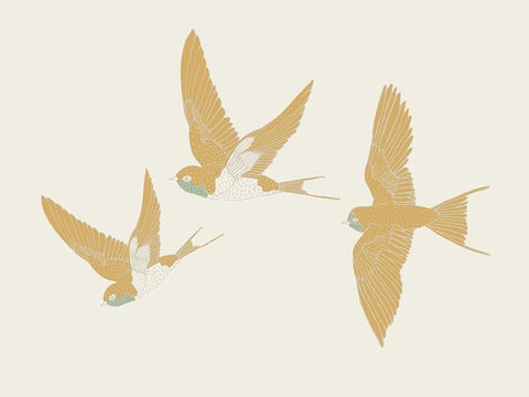 Golden Swallows White Modern Wood Framed Art Print with Double Matting by Sweet Melody Designs