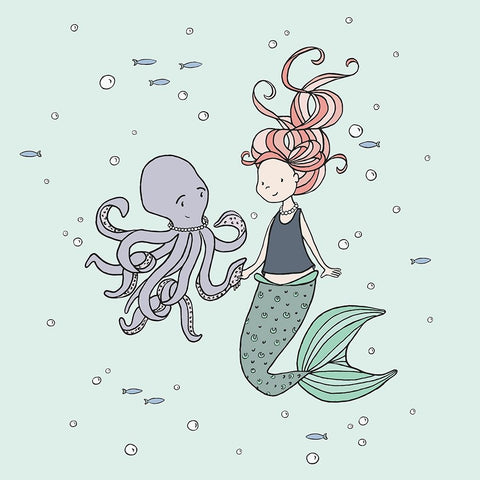 Mermaid And Octopus Buddies White Modern Wood Framed Art Print with Double Matting by Sweet Melody Designs