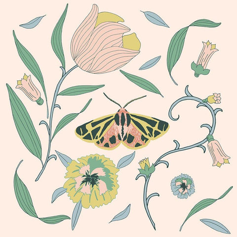 Botanical Tiger Moth Black Modern Wood Framed Art Print with Double Matting by Sweet Melody Designs