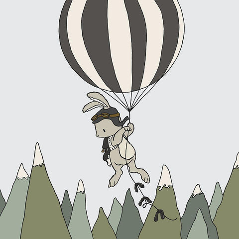 Bunny Balloon Adventure Black Modern Wood Framed Art Print with Double Matting by Sweet Melody Designs