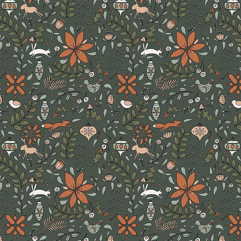Festive Folk Pattern Deep Green Black Ornate Wood Framed Art Print with Double Matting by Sweet Melody Designs