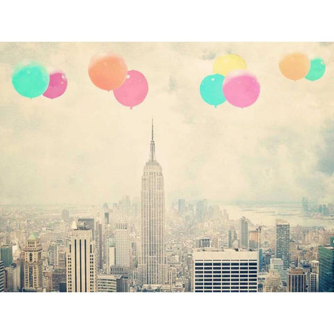 NYC Balloons With Clouds White Modern Wood Framed Art Print by Davis Ashley