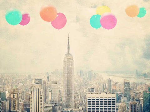 NYC Balloons With Clouds Black Ornate Wood Framed Art Print with Double Matting by Davis Ashley