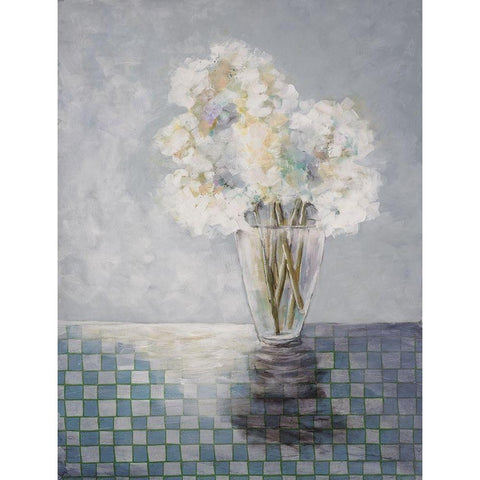 Flowers and Checked Tablecloth White Modern Wood Framed Art Print by Charest, Doris