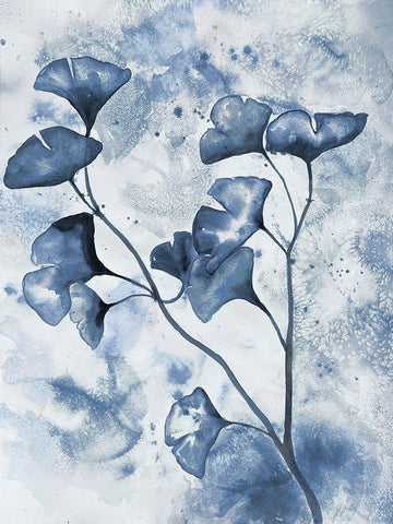 Indigo Splashed Ginkos 1 White Modern Wood Framed Art Print with Double Matting by Charest, Doris