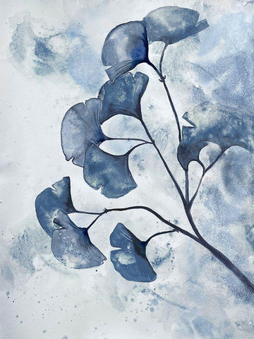 Indigo Splashed Ginkos 2 Black Ornate Wood Framed Art Print with Double Matting by Charest, Doris