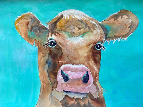 Gazing Cow 1 White Modern Wood Framed Art Print with Double Matting by Charest, Doris