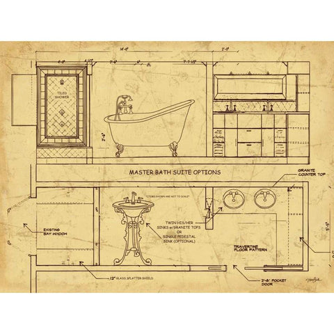 Bath Blueprint 1 Brown Gold Ornate Wood Framed Art Print with Double Matting by Stimson, Diane