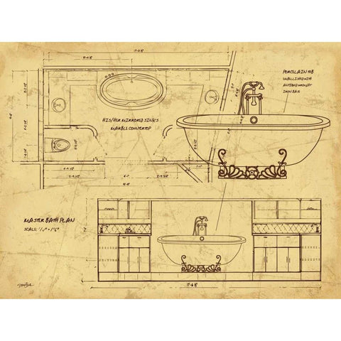 Bath Blueprint 2 Brown Gold Ornate Wood Framed Art Print with Double Matting by Stimson, Diane