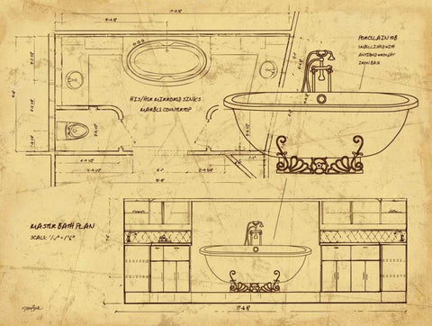 Bath Blueprint 2 Brown Black Ornate Wood Framed Art Print with Double Matting by Stimson, Diane