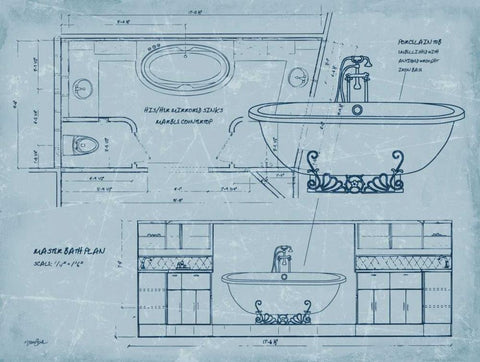 Bath Blueprint 2 Black Ornate Wood Framed Art Print with Double Matting by Stimson, Diane