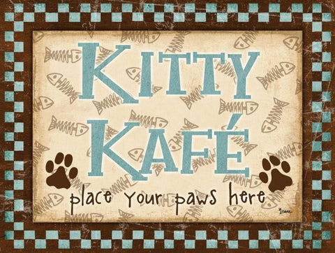 Kitty Kafe Blue Black Ornate Wood Framed Art Print with Double Matting by Stimson, Diane