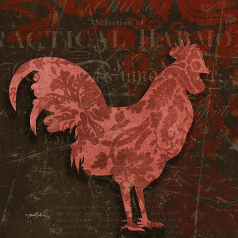 Rooster Damask 1 Black Ornate Wood Framed Art Print with Double Matting by Stimson, Diane