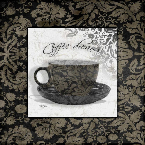 Coffee Damask 1 Black Ornate Wood Framed Art Print with Double Matting by Stimson, Diane