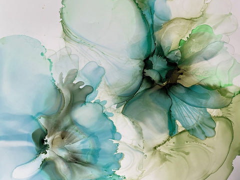 Sage And Teal Flowers 1 White Modern Wood Framed Art Print with Double Matting by Debs, Emma Catherine