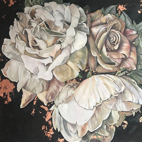 Beige Roses Black Ornate Wood Framed Art Print with Double Matting by Debs, Emma Catherine