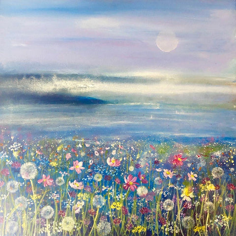 Flowers And Sea 1 Black Modern Wood Framed Art Print by Debs, Emma Catherine