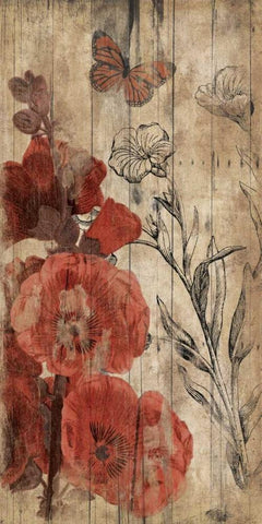 Wood Floral Red Black Ornate Wood Framed Art Print with Double Matting by Grey, Jace