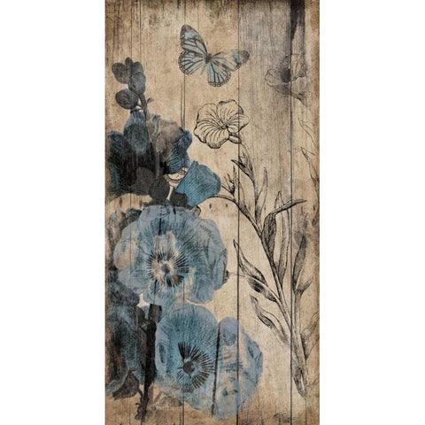 Wood Floral Blue Black Modern Wood Framed Art Print with Double Matting by Grey, Jace