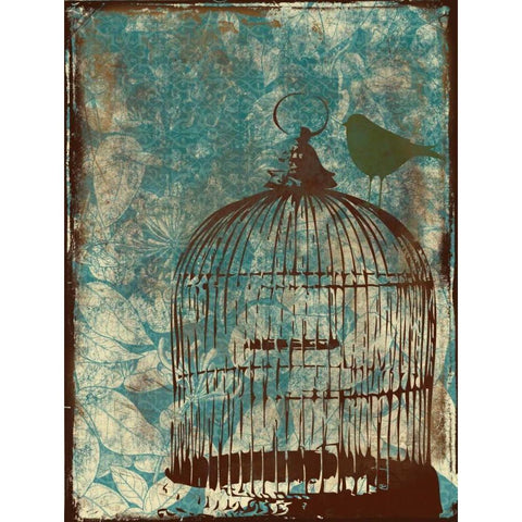Birdcage on Teal 1 Gold Ornate Wood Framed Art Print with Double Matting by Grey, Jace